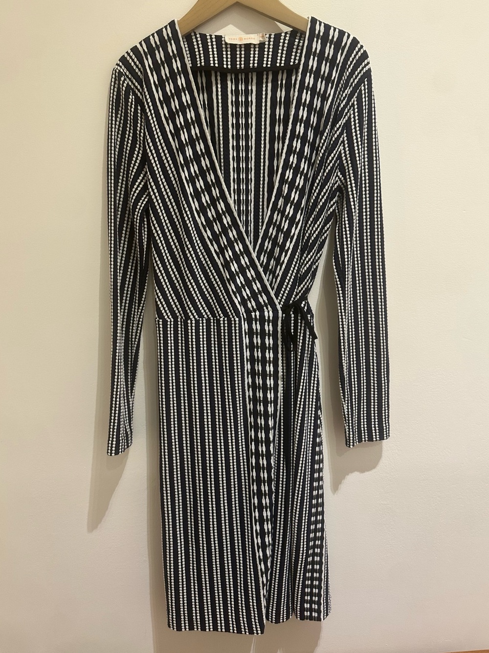 Tory Burch Black / White / Navy Striped Long-Sleeve Wrap Dress